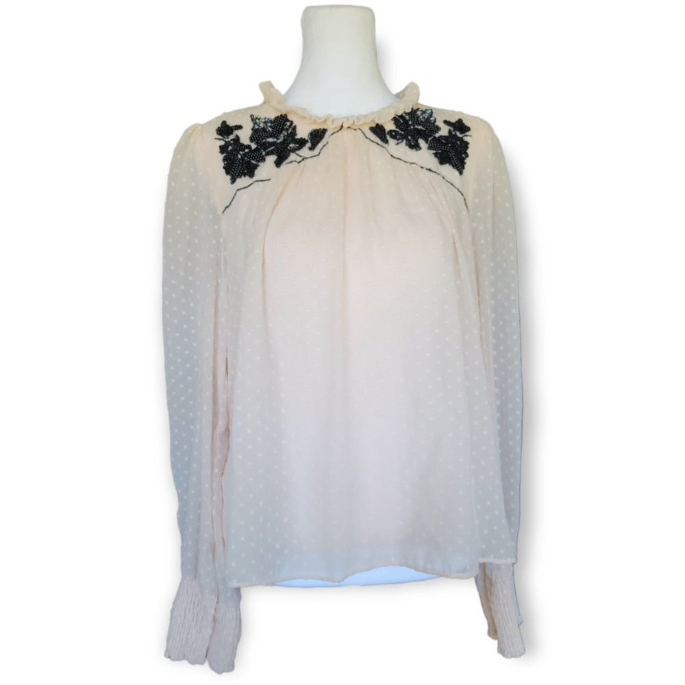 𝅺ZARA Swiss Dot Sheer‎ Sleeved Beaded Neckline Blouse Light Pink Medium
